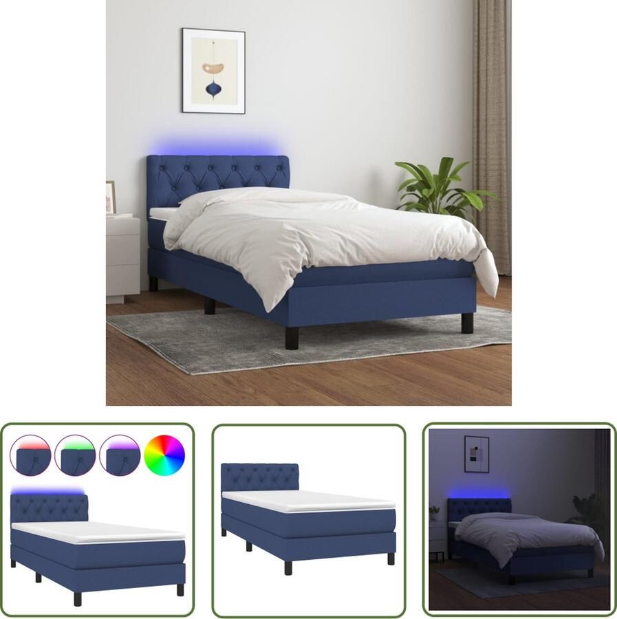 The Living Store Boxspring Bed LED Stof Verstelbaar hoofdbord Pocketvering matras Huidvriendelijk topmatras Blauw 203x80x78 88 cm Boxspring Bed Led Lamp Elektrisch Verstelbare Hoofdbord Pocketed Veren Matras Stof Bekleding