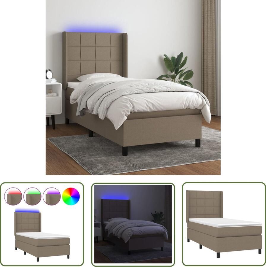 The Living Store Boxspring Bed 203 x 103 x 118 128 cm LED-verlichting Pocketvering matras Huidvriendelijk topmatras Taupe Boxspring Bed Led Lamp Pocketed Spring Mattress Taupeclub Fauteuil Slaapcomfort