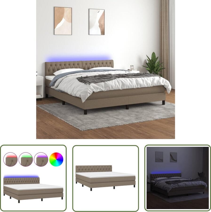 The Living Store Boxspring Bed Taupe 203x160x78 88 cm LED-verlichting Pocketvering matras Huidvriendelijk topmatras Boxspring Bed Led Lamp Pocketed Spring Mattress Taupe Bed King Size Bed