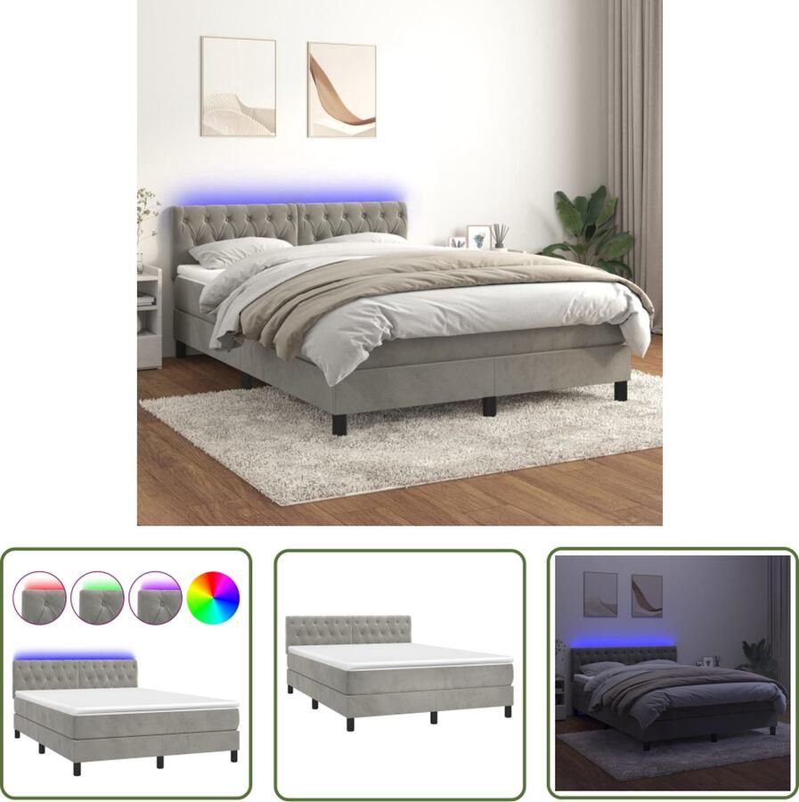 The Living Store Boxspring met matras en LED fluweel lichtgrijs 140x190 cm Boxspring Led Lamp Velvet Bed Tweepersoonsbed Slaapcomfort