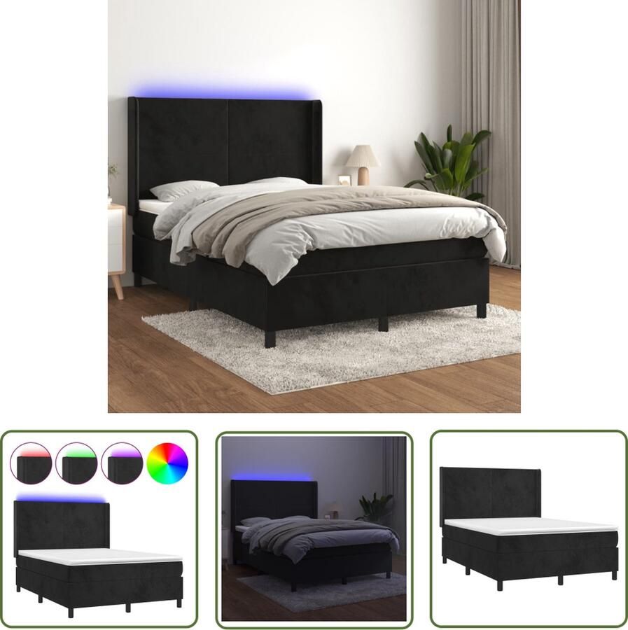 The Living Store Boxspring Zwart Fluweel 193x147x118 128 cm Verstelbaar hoofdbord Kleurrijke LED-verlichting Pocketvering matras Huidvriendelijk topmatras Met montagehandleiding Inclusief 2 LED-strips