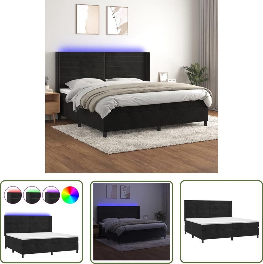 The Living Store Boxspring LED Fluweel Verstelbaar hoofdbord Pocketvering matras Huidvriendelijk topmatras 203x203x118 128cm Boxspring Led Lamp Velvet Bed Tweepersoonsbed Elektrisch Verstelbare Hoofdbord