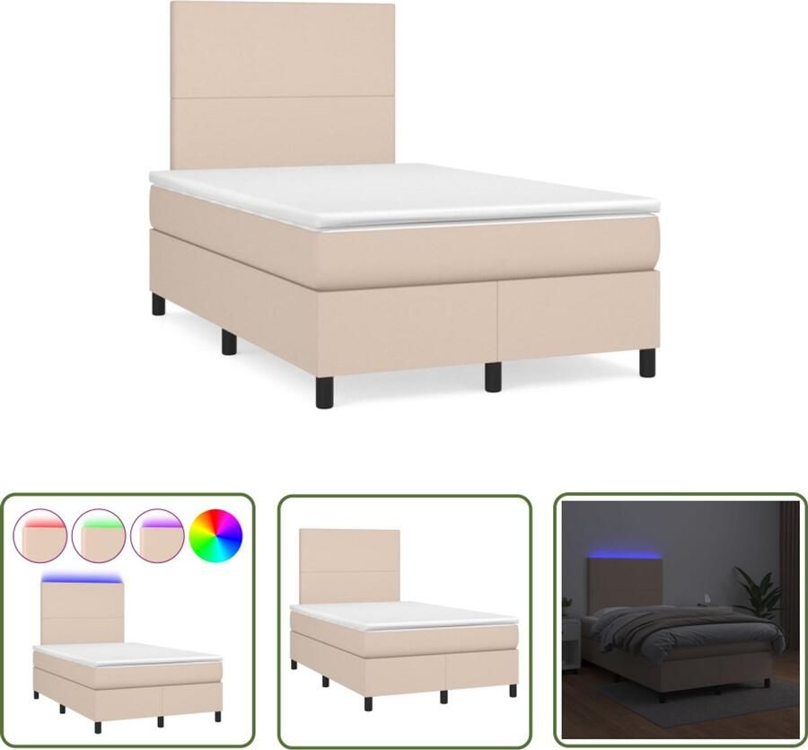 VidaXL Boxspring met matras en LED kunstleer cappuccinokleur 120x190cm Boxspring Led Lamp Bruine Boxspring Kapstok Kunstleder Bank