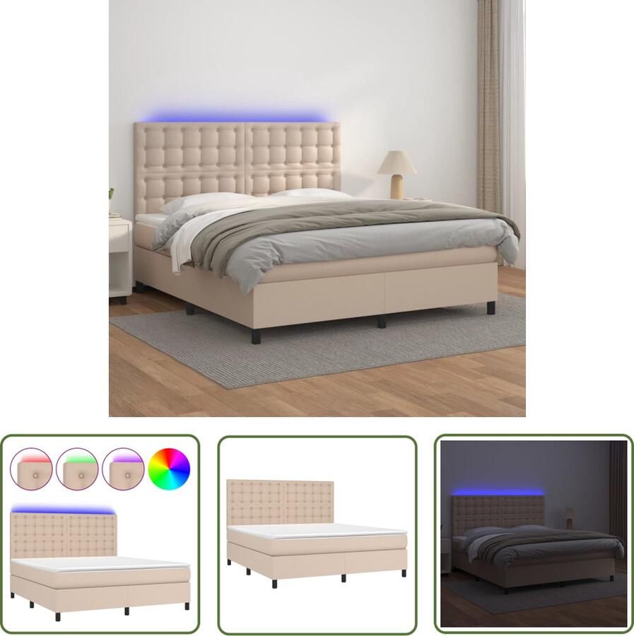 The Living Store Boxspring met matras en LED kunstleer cappuccinokleur 180x200cm Boxspring Led Lamp Kapstok Bedroom Furniture Bruine Boxspring