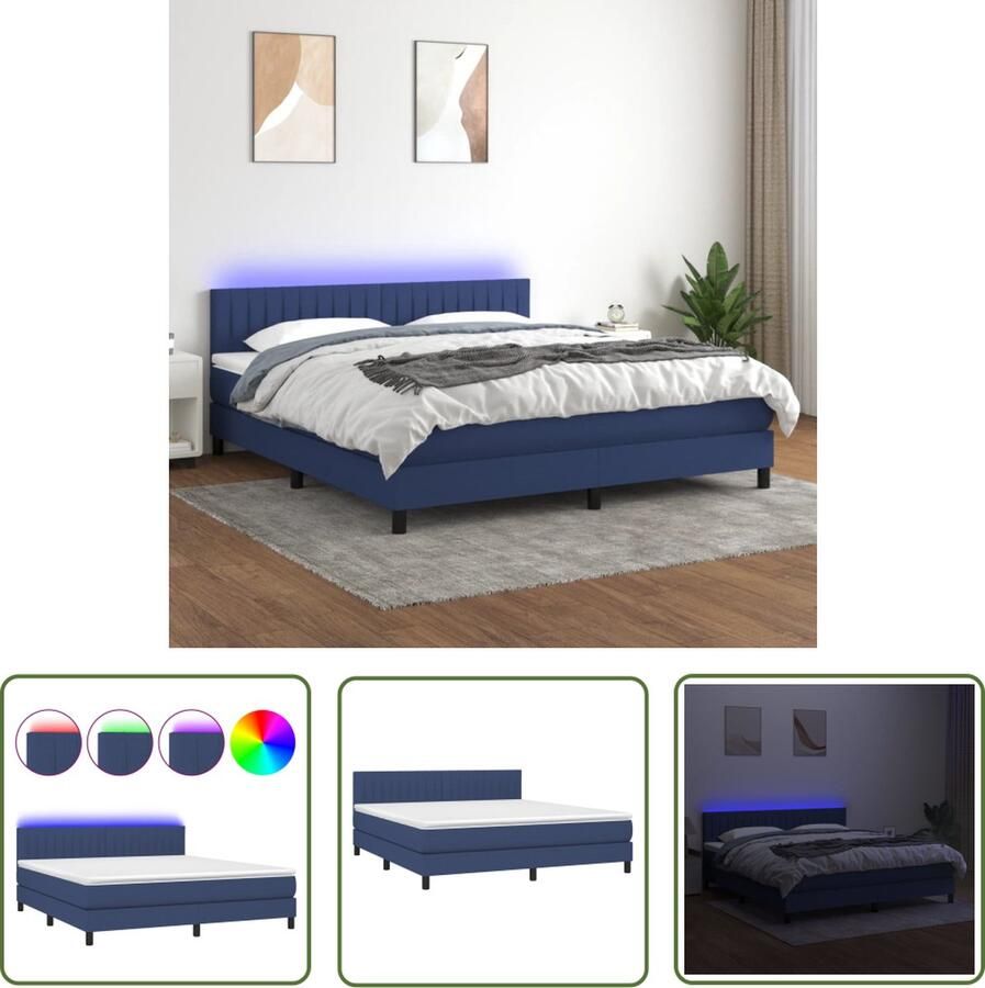 The Living Store Boxspring met matras en LED stof blauw 160x200 cm Boxspring Led Lamp Boxspring Frame Tweepersoons Bed Blauwdruk