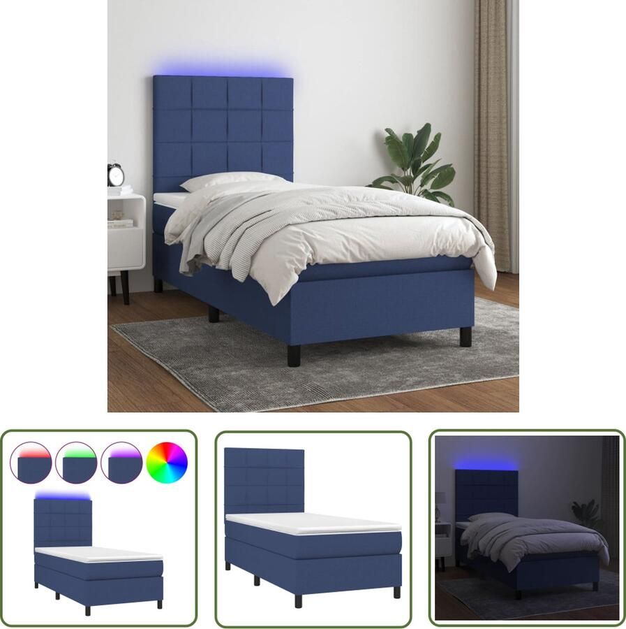 The Living Store Boxspring LED verlichting Pocketvering matras Huidvriendelijk topmatras Blauw 193 x 90 cm Boxspring Led Lamp Pocketveer Matras Hoofdbord Blauwe Boxspring