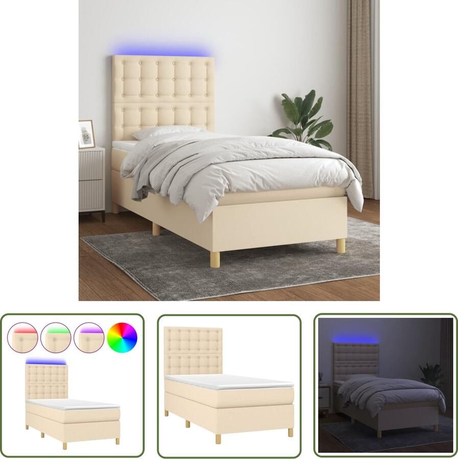 The Living Store Boxspring met matras en LED stof crèmekleurig 100x200 cm Boxspring Led Lamp Creme Kleurig Slaapcomfort Slaapkamer Decoratie