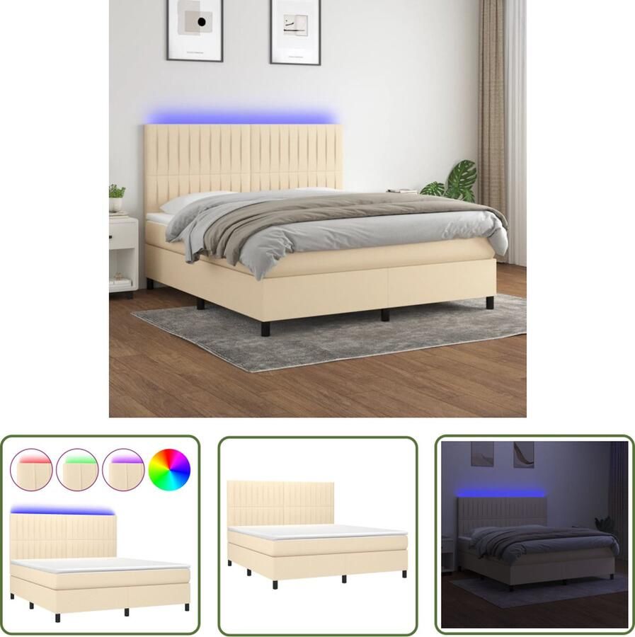 The Living Store Boxspring LED 160x200 cm Duurzaam materiaal Verstelbaar hoofdbord Boxspring Led Lamp Boxspring Frame Creme Kleurig Tweepersoons Bed