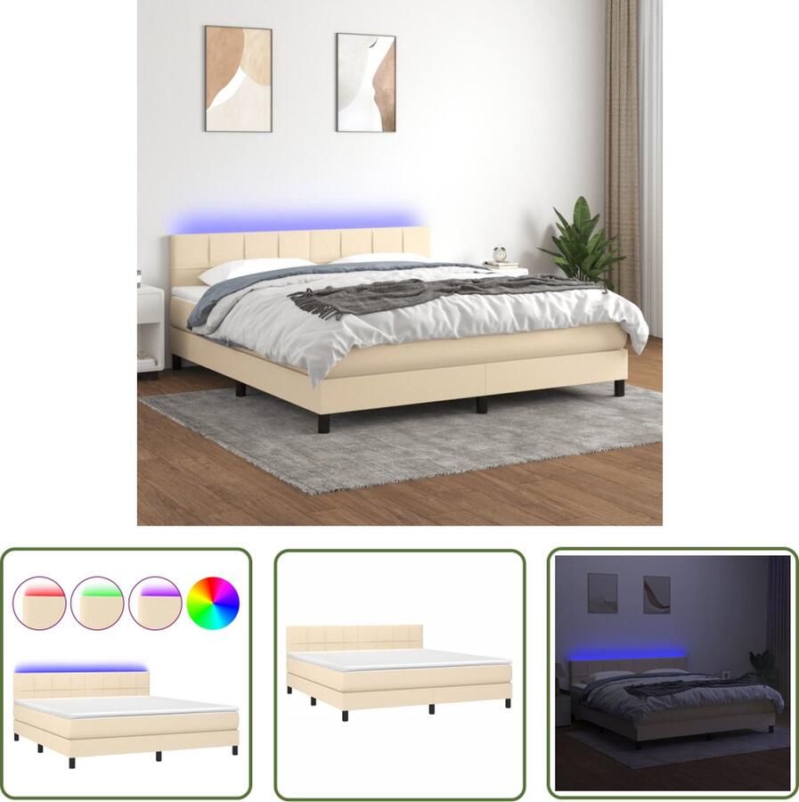 The Living Store Boxspring LED 180 x 200 cm Duurzaam Verstelbaar hoofdbord Kleurrijke LED-verlichting Pocketvering matras Huidvriendelijk topmatras Montagehandleiding inclusief USB-aansluiting Crème 100% polyester