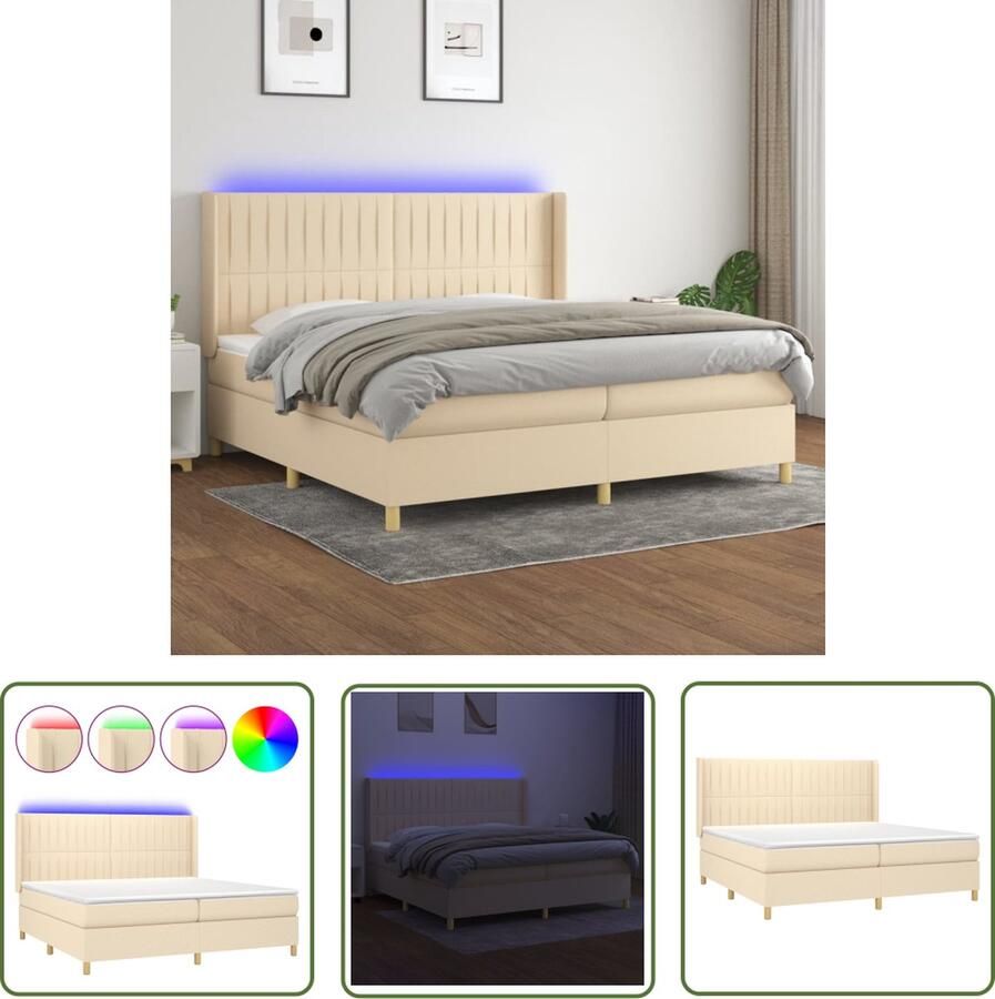 The Living Store Boxspring LED 203 x 203 cm Crème Ademend en duurzaam Verstelbaar hoofdbord Pocketvering matras Huidvriendelijk topmatras Kleurrijke LED-verlichting Met montagehandleiding