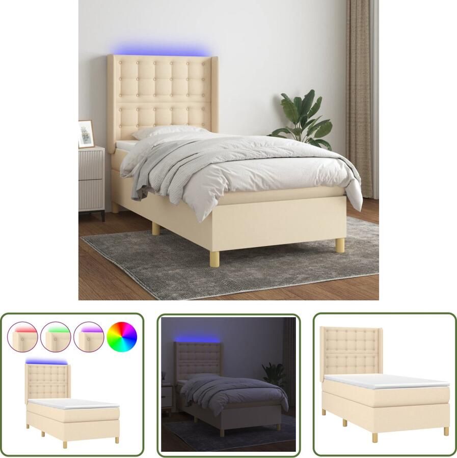 The Living Store Boxspring met matras en LED stof crèmekleurig 80x200 cm Boxspring Led Lamp Creme Kleurig Tweepersoonsbed Pocketed Veren Matras
