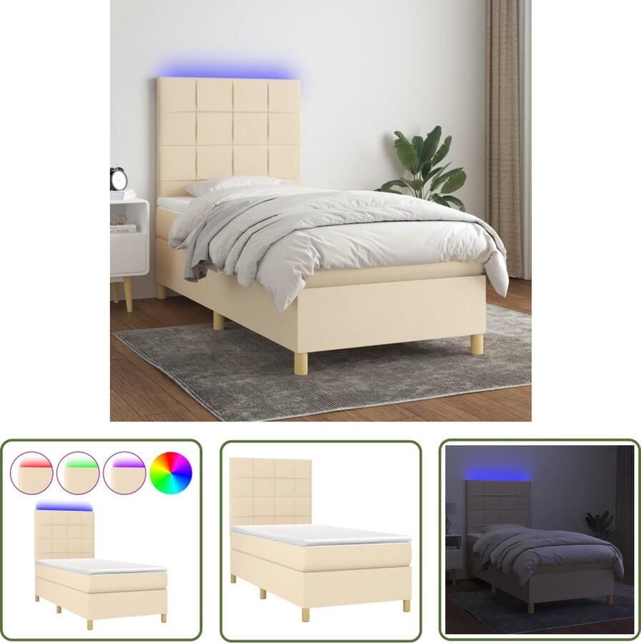 The Living Store Boxspring LED 193x90x118 128cm Crème Pocketvering matras Huidvriendelijk topmatras Verstelbaar hoofdbord Kleurrijke LED-verlichting Boxspring Led Lamp Creme Kleurig Pocketed Veren Matras Verstelbare Hoofdbord