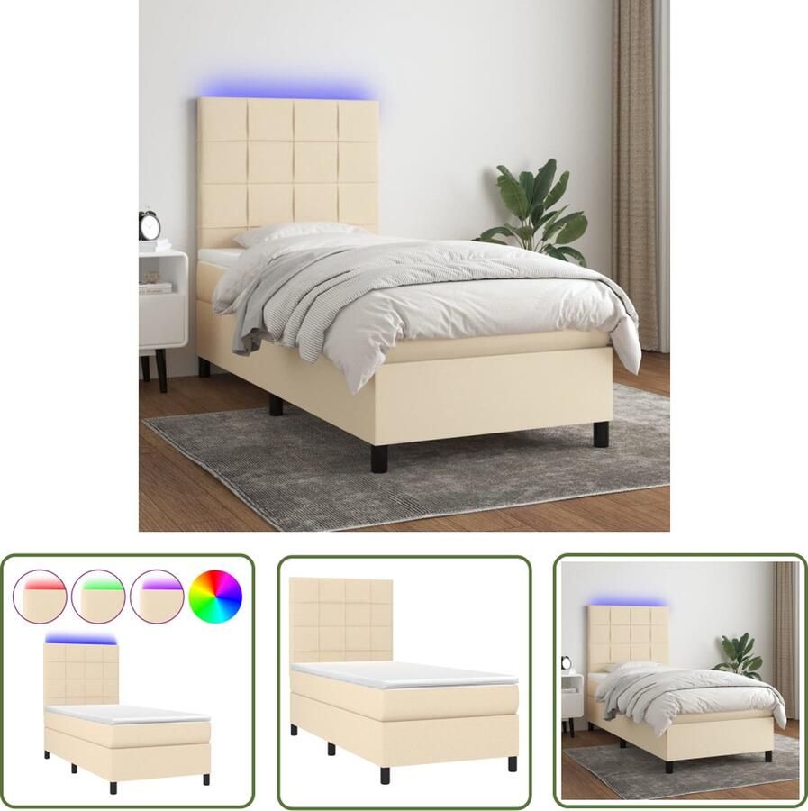 The Living Store Boxspring LED 193x90x118 128cm Crème Pocketvering Matras Huidvriendelijk Topmatras Boxspring Led Lamp Creme Kleurig Pocketing Matras Slaapcomfort