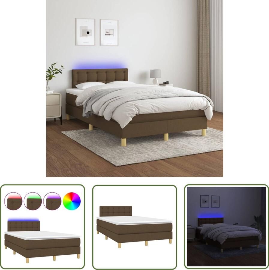 The Living Store Boxspring donkerbruin 203x120x78 88 cm LED-verlichting pocketvering Boxspring Led Lamp Boxspring Frame Tweepersoons Bed Donkere Kleuren