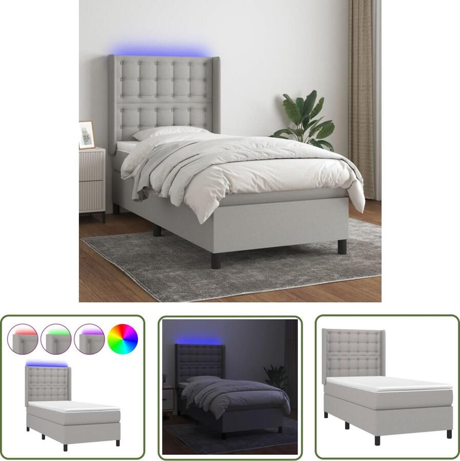 The Living Store Boxspring LED Lichtgrijs 193 x 93 x 118 128 cm Pocketvering matras Huidvriendelijk topmatras USB Boxspring Led Lamp Boxspring Frame Tweepersoons Bed Grijs Bed
