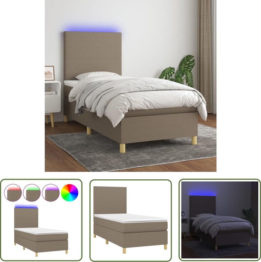 The Living Store Boxspring LED Taupe 203 x 100 x 118 128 cm Pocketvering Boxspring Led Lamp Boxspring Met Led Taupecolor Tweepersoonsbed