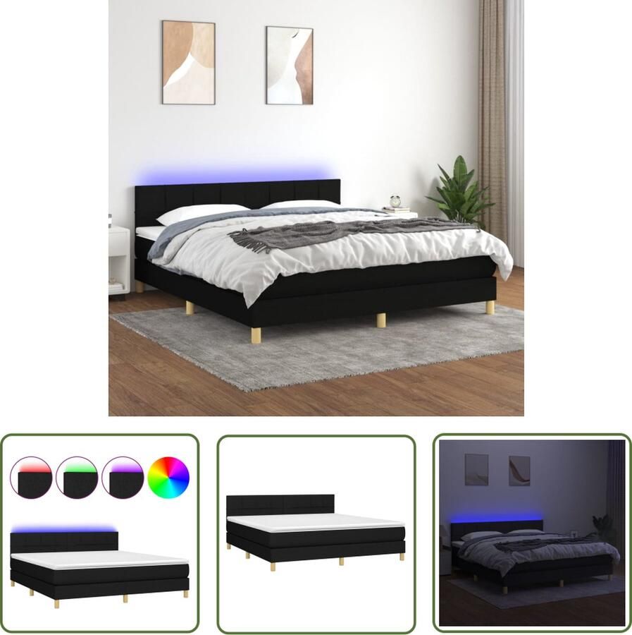 The Living Store Boxspring Duet 180x200 cm LED Pocketvering matras Huidvriendelijk topmatras Zwart Boxspring Led Bed Tweepersoonsbed Slaapcomfort Zwarte Boxspring
