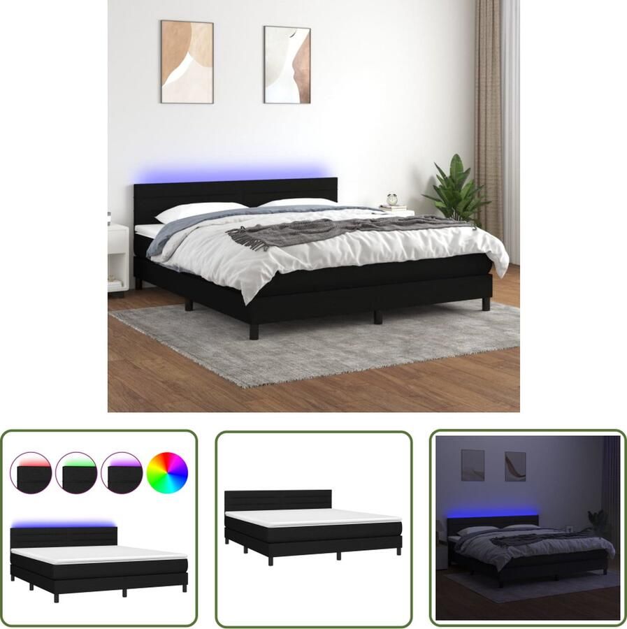 The Living Store Boxspring Set Zwart 180x200 cm LED-verlichting Pocketvering matras Huidvriendelijk topmatras Boxspring Led Lamp Boxsprings Slaapcomfort Tweepersoonsbed