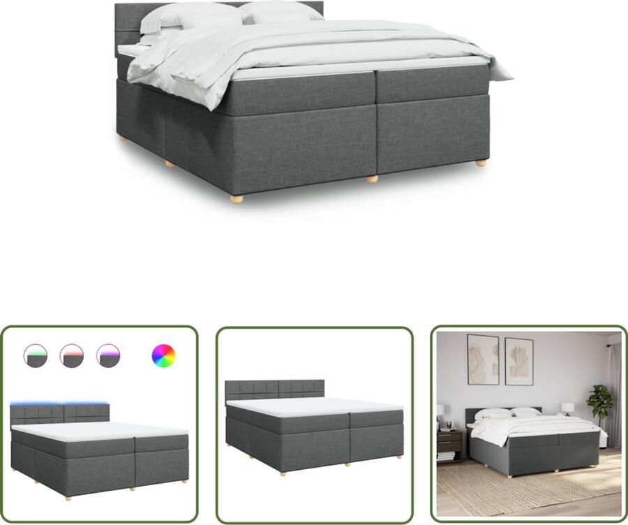 VidaXL Boxspring met matras Donkergrijs 200x200 cm Boxspring Led Lamp Tweepersoonsbed Pocketveringmatras Donkere Kamerinrichting