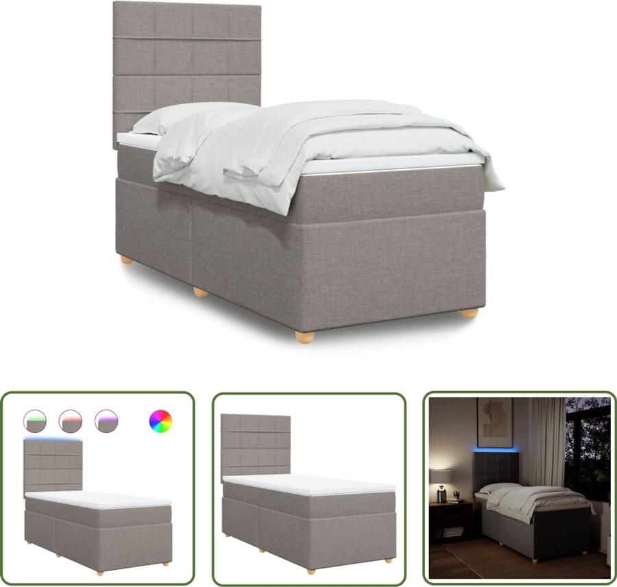 The Living Store Boxspring met matras stof taupe 90x200 cm Boxspring Led-lamp Pocketveringmatras Slaapcomfort Taupecleur