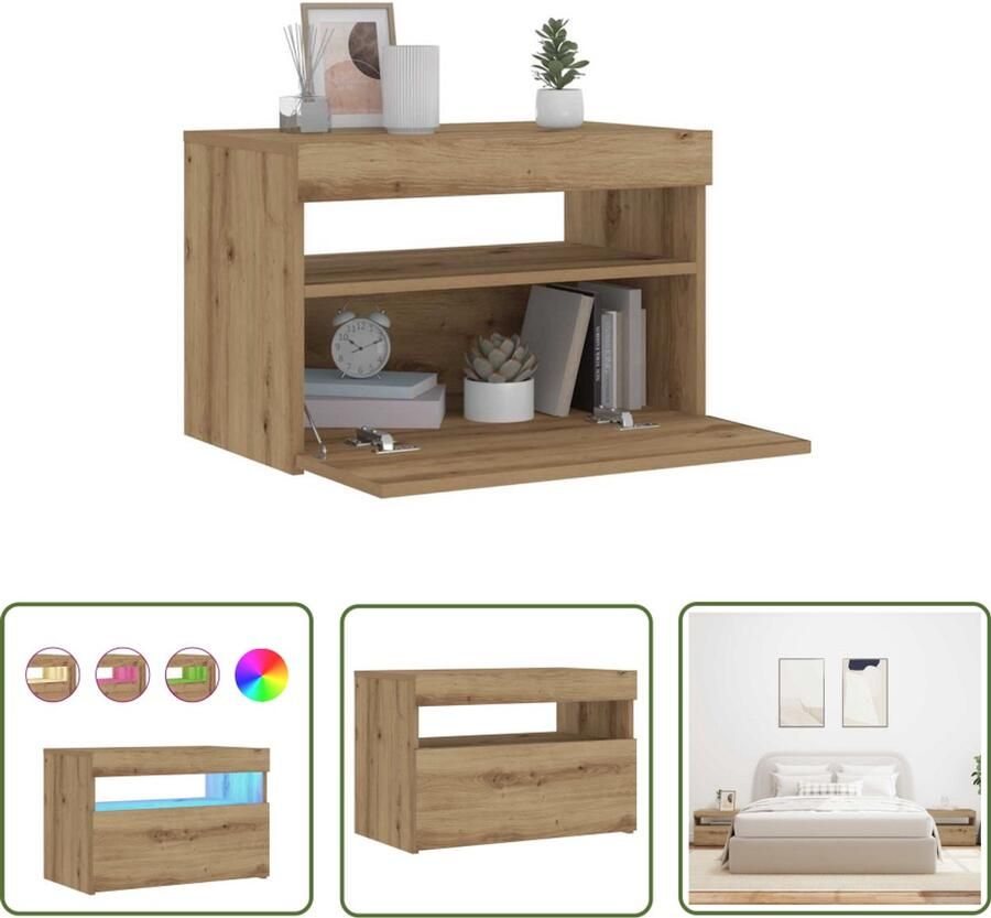 VidaXL Nachtkastje met LED 60x35x40 cm bewerkt hout artisanaal eiken Nachtkastje Led Lamp Kunststof Houten Nachtkastje Bedroom Furniture