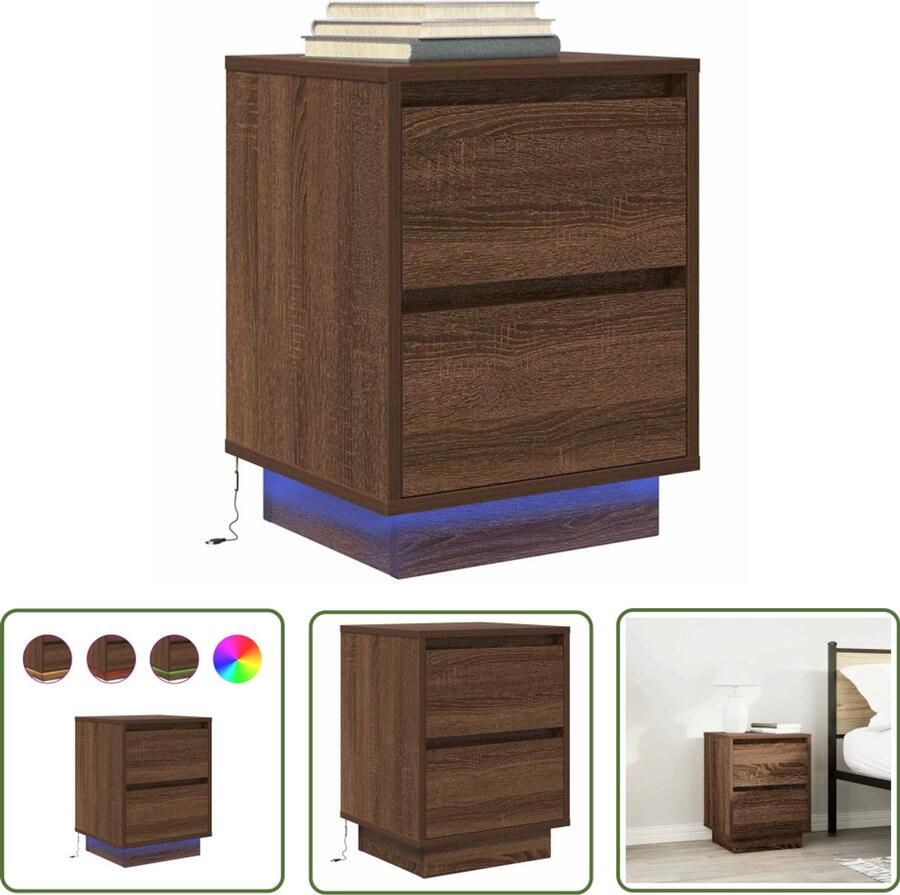 The Living Store Nachtkastje met LED-verlichting 38x34x50 cm bruin eiken Nachtkastje Led Lamp Houten Kast Slaapkamersfeer Opbergkast