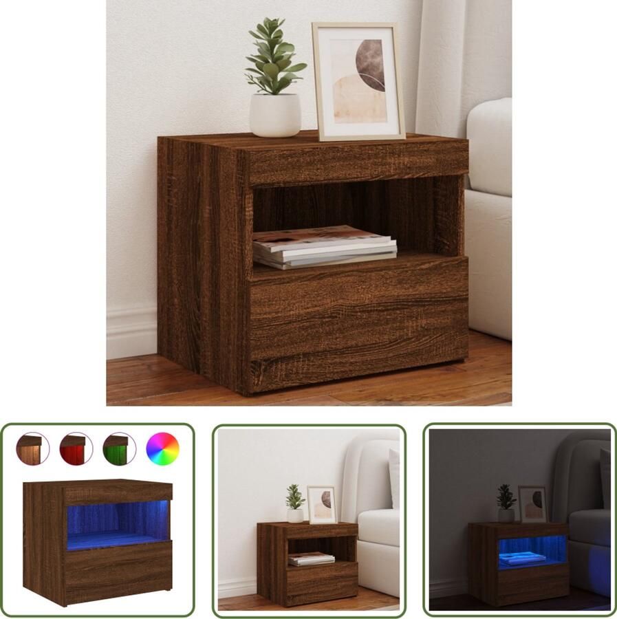 The Living Store Nachtkastje met LED-verlichting 50x40x45 cm bruin eikenkleur Nachtkastje Led Lamp Houten Kast Slaapkamersdecoratie Bedroom Furniture