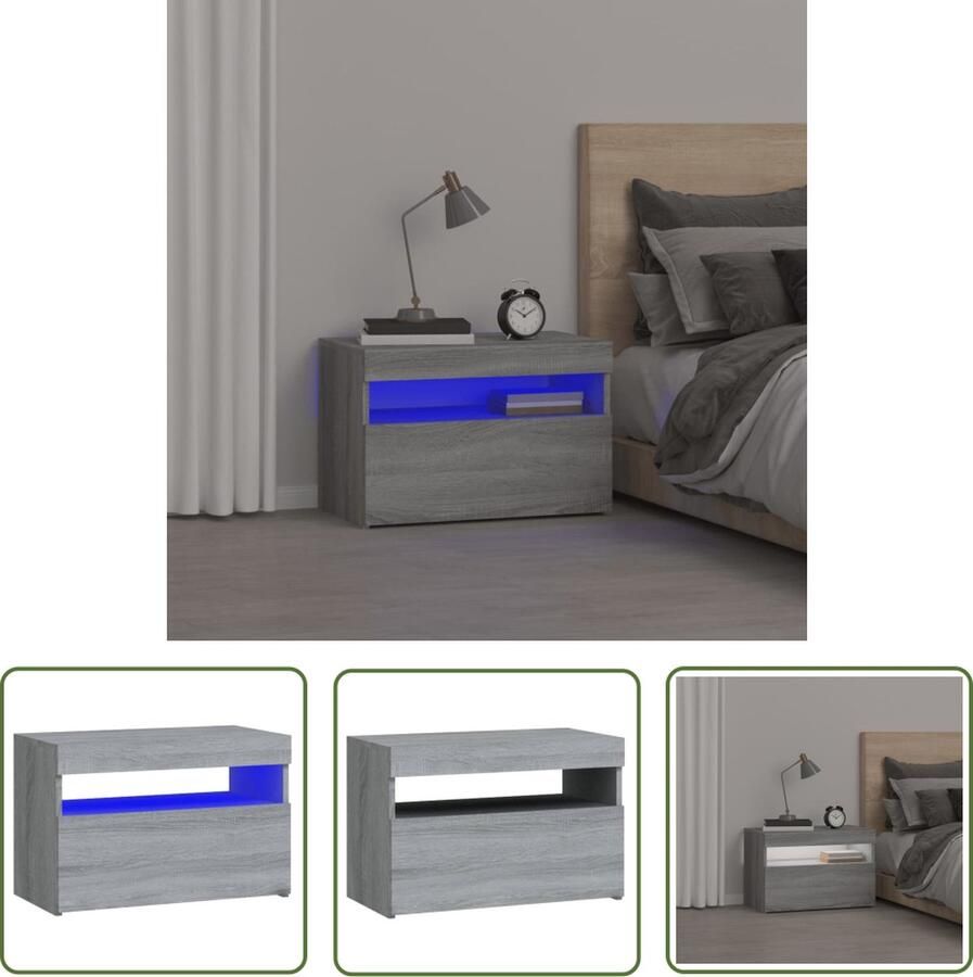 The Living Store Nachtkastje met LED-verlichting 60x35x40 cm grijs sonoma eiken Nachtkastje Led Lamp Grijze Meubels Houten Meubilair Slaapkamermeubels