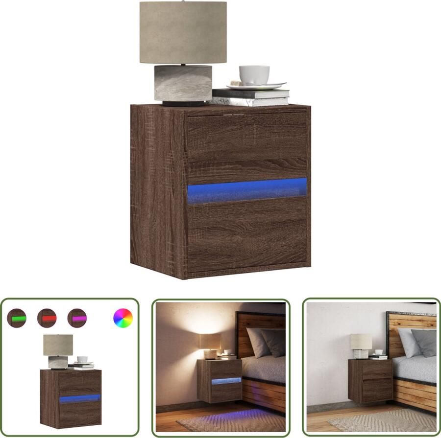 VidaXL Nachtkastje met LED's wandgemonteerd bruin eikenkleur Nachtkastje Led Lamp Wandmontage Bruin Eiken Opbergruimte