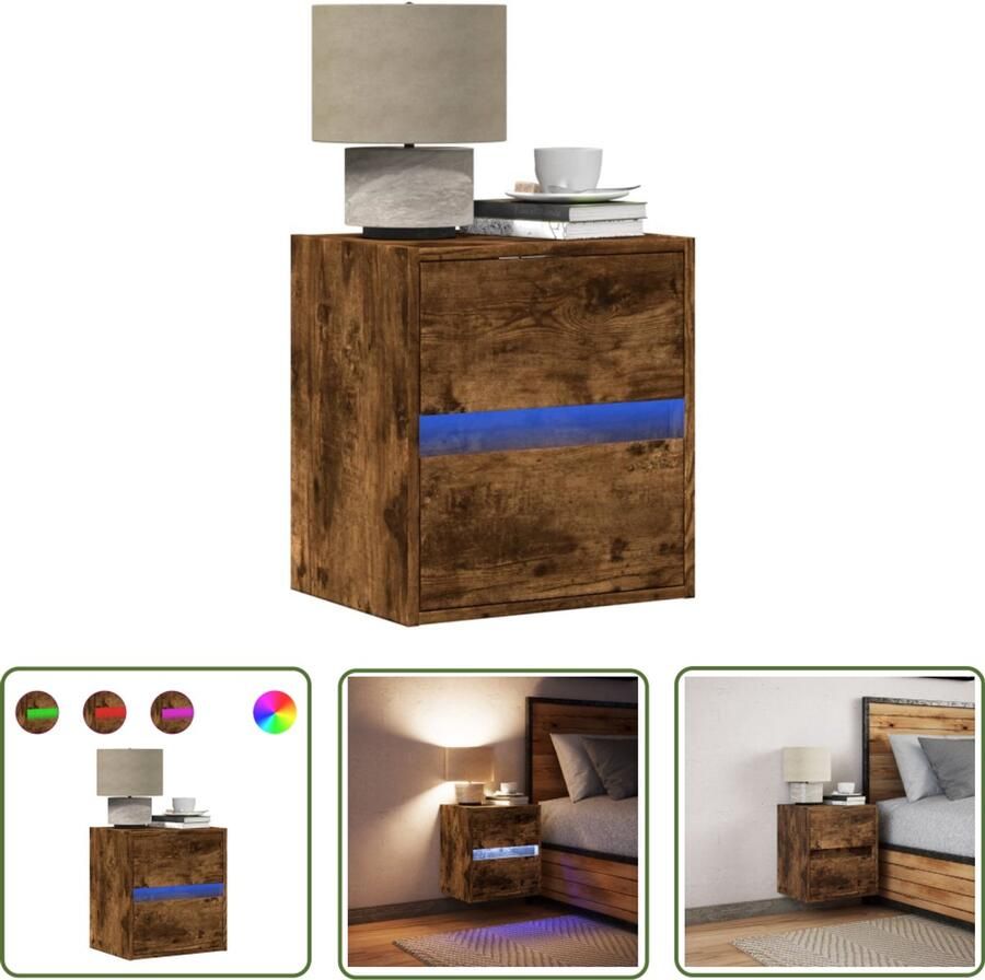 VidaXL Nachtkastje met LED's wandgemonteerd gerookt eikenkleurig Nachtkastje Led Lamp Wandkast Slaapkamer Decoratie Houten Kast