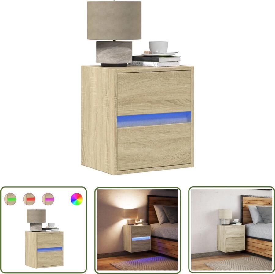 VidaXL Nachtkastje met LED's wandgemonteerd sonoma eikenkleurig Nachtkastje Led Lamp Wandmontage Sonoma Eiken Opbergkast