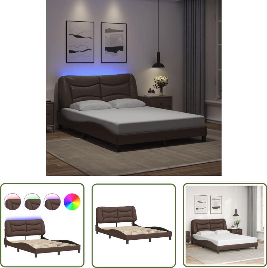 VidaXL Bedframe met LED zonder matras Hvar kunstleer bruin 120x200 cm Slaapbank Led Lamp Bruine Bank Design Bed Boxspring