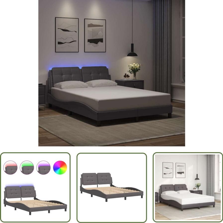 VidaXL Bedframe met LED zonder matras Zadar kunstleer grijs 140x200 cm Slaapbank Led Lamp Boxspring Tweepersoonsbed Design Bed