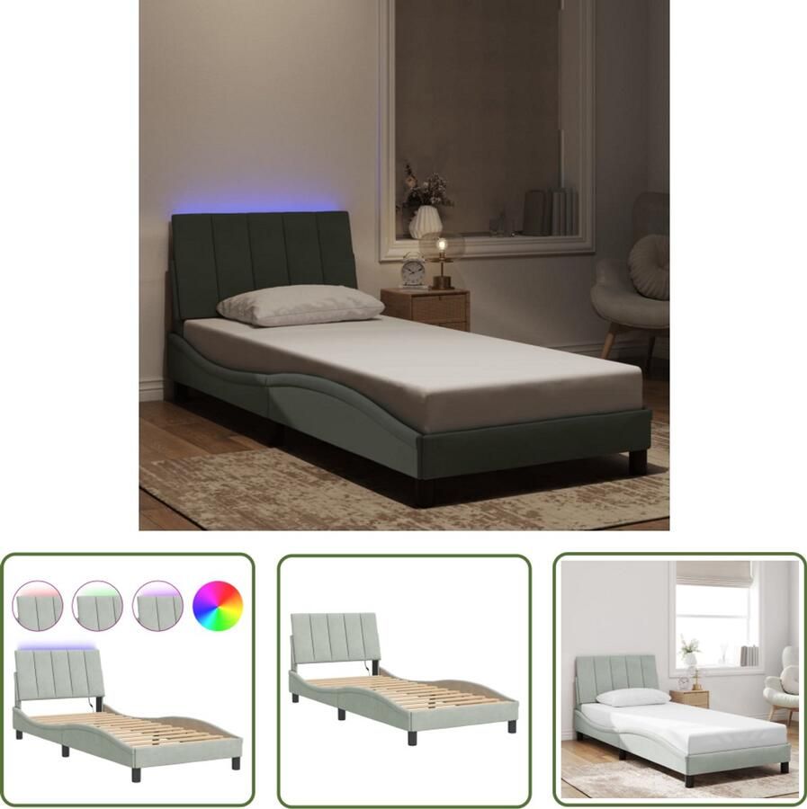 VidaXL Bedframe met LED zonder matras Hanko fluweel lichtgrijs 80x200 cm Slaapcomfort Led Lamp Bed Frame Tweepersoonsbed Fluweel Bed