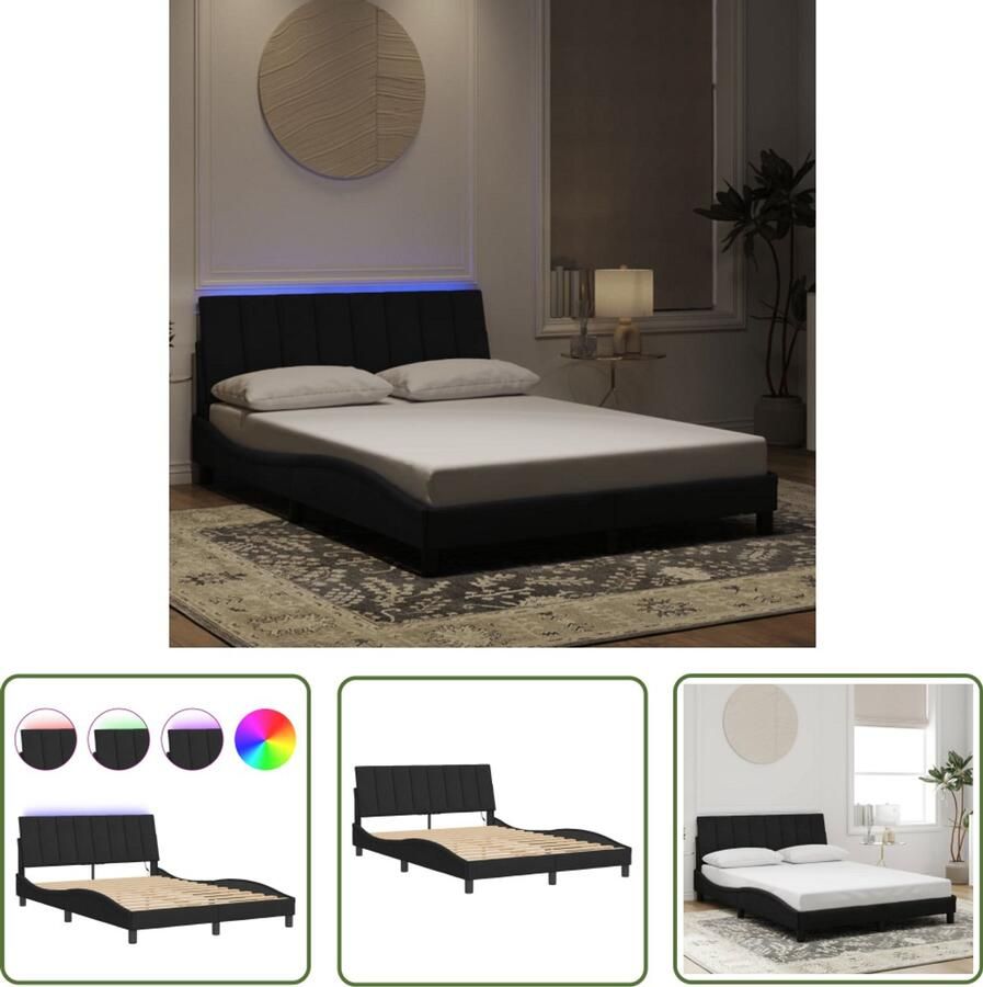 VidaXL Led Lamp Slaapcomfort Bedframe met LED zonder matras Hanko fluweel zwart 140x200 cm Bed Frame Fluweel Bed Hoofdbord