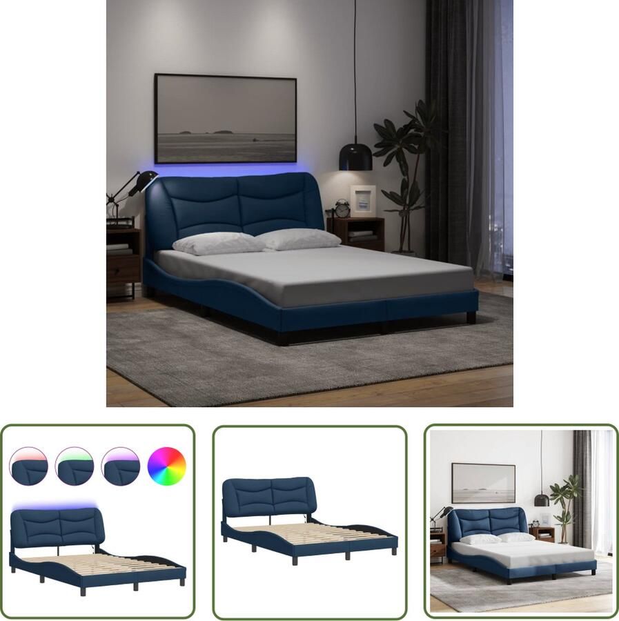 The Living Store Bedframe Wave met Kleurrijke LED-verlichting 140 x 200 cm Blauw Slaapcomfort Led Lamp Bedframe Tweepersoonsbed Design Bed