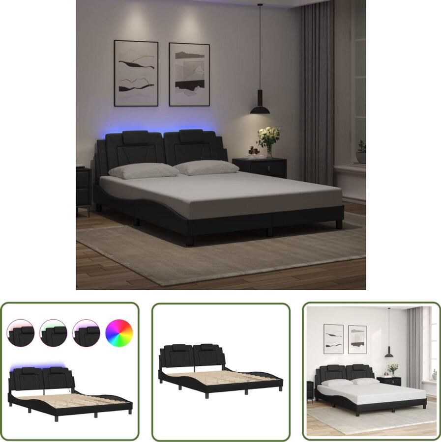 VidaXL Bedframe Viana met LED zonder matras kunstleer zwart 160x200 cm Slaapcomfort Led Lamp Bed Frame Boxspring Design Bed