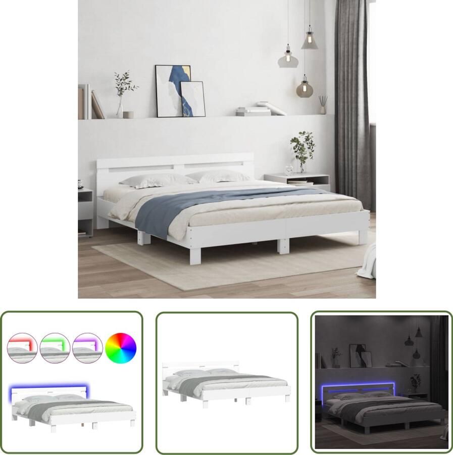 VidaXL Led Lamp Slaapkamers Bedframe met hoofdeinde en LED-verlichting wit 160x200 cm Houten Bed Frame Tweepersoonsbed Modern Bed