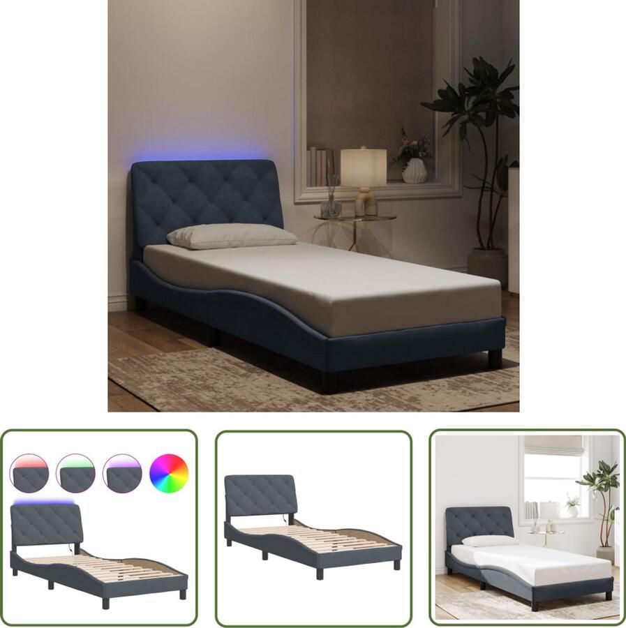 VidaXL Led Lampen Bed Comfortabel Bed Frame Bedframe met LED zonder matras fluweel donkergrijs 90x190 cm Fluweel Bed Grijs Bed Tweepersoons Bed