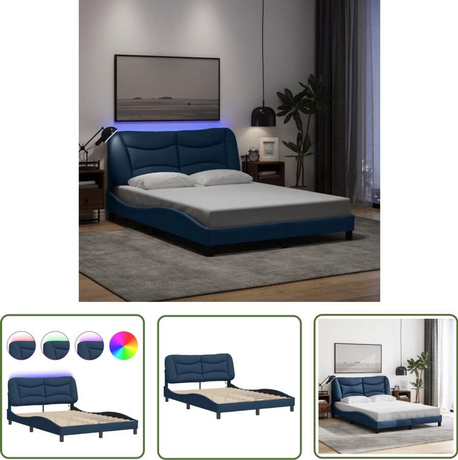 VidaXL Led Lampen Bed Comfortabel Bed Frame Bedframe met LED zonder matras Hvar 140x190 cm stof blauw Tweepersoons Bed Met Hoofdbord Stoffen Bed Frame
