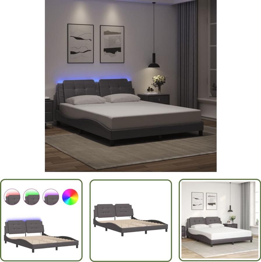 VidaXL Bedframe met LED zonder matras Zadar kunstleer grijs 160x200 cm Bed Frame Led Lampen Kunstleder Bed Boxspring Tweepersoonsbed