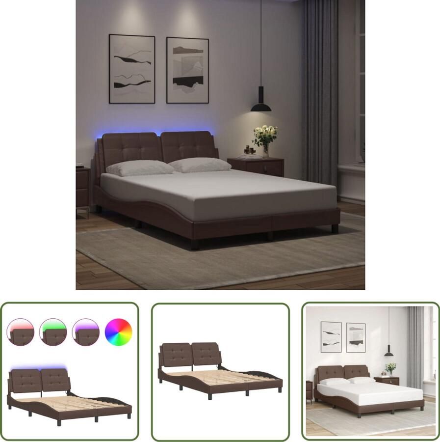VidaXL Bedframe met LED zonder matras Zadar kunstleer bruin 120x200 cm Bed Frame Bruine Leder Look Led Lampen Bed Modern Bed Frame Design Bed King Size Bed