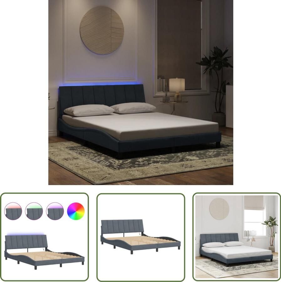 VidaXL Led Lampen Comfortabel Bed Bedframe met LED zonder matras Hanko fluweel donkergrijs 160x200 cm Fluweel Bed Donkere Kleuren Bed Groot Tweepersoonsbed