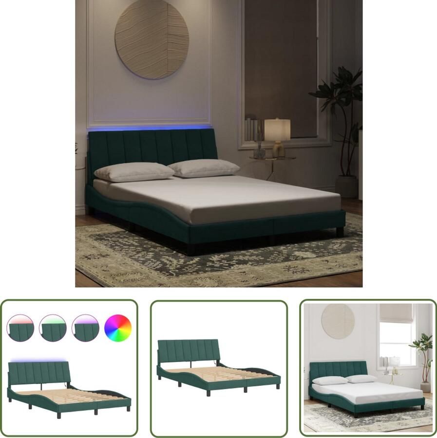 VidaXL Bedframe met LED zonder matras Hanko fluweel donkergroen 140x190 cm Comfortabel Bed Frame Led Lampen Fluweel Bed Donkere Kleuren Hoofdkussens