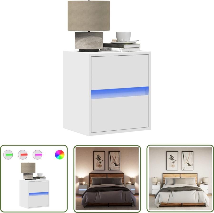 VidaXL Led Lampen Nachthastjes Nachtkastjes met LED's 2 st wandgemonteerd wit Wandkasten Slaapkamer Decoratie Houten Kastjes