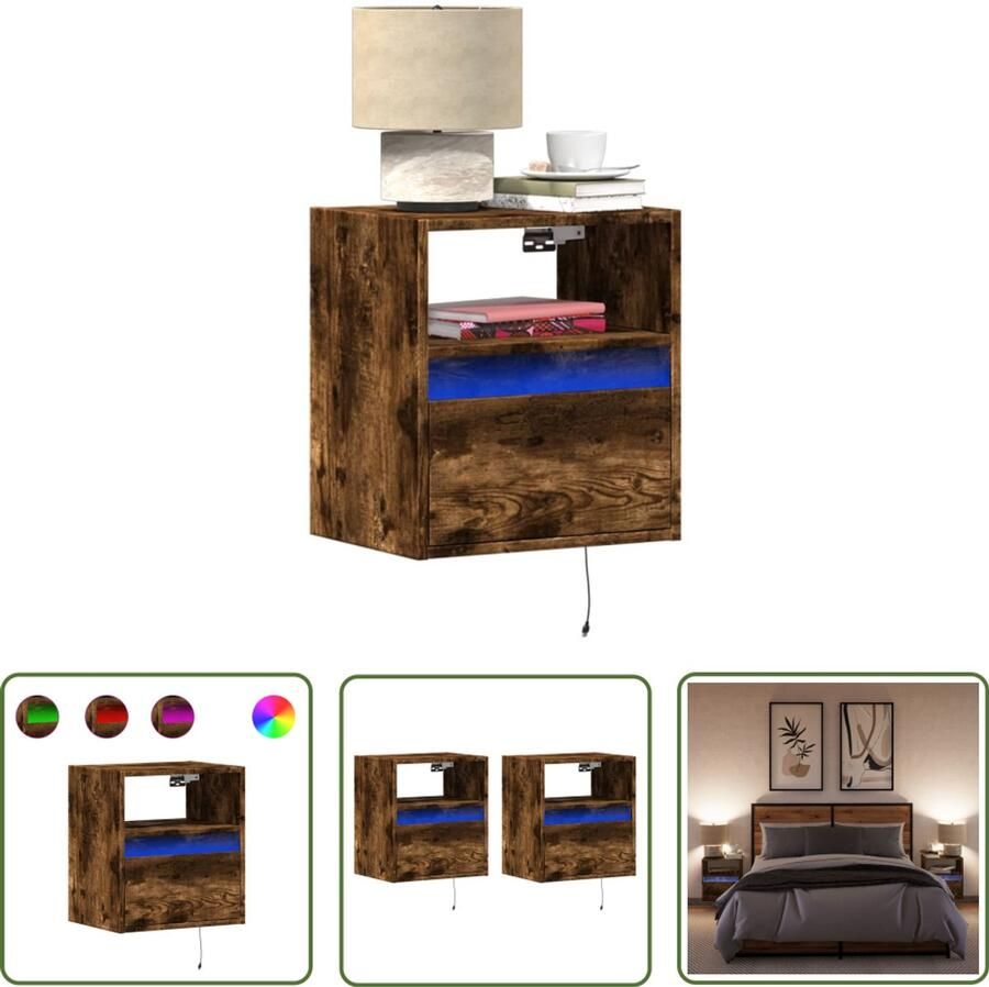 VidaXL Led Lampen Nachttasjes Nachtkastjes met LED's 2 st wandgemonteerd gerookt eikenkleurig Wandmontage Slaapkamer Decoratie Houten Nachtstand