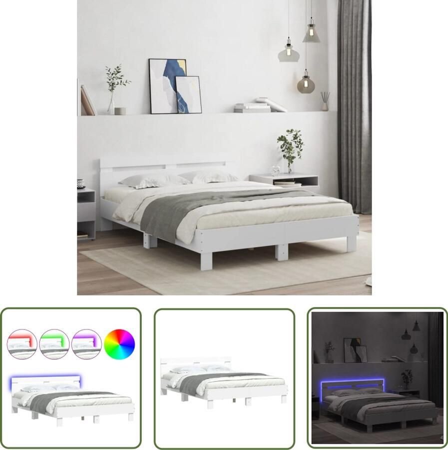 VidaXL Led Lampen Slaapcomfort Bedframe met hoofdeinde en LED wit 140x190 cm Houten Bed Modern Bed Tweepersoonsbed