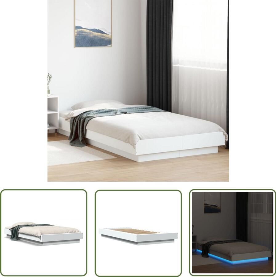 VidaXL Led Lampen Slaapcomfort Bedframe met LED-verlichting bewerkt hout wit 90x200 cm Houten Bed Frame Wit Bed Tweepersoons Bed
