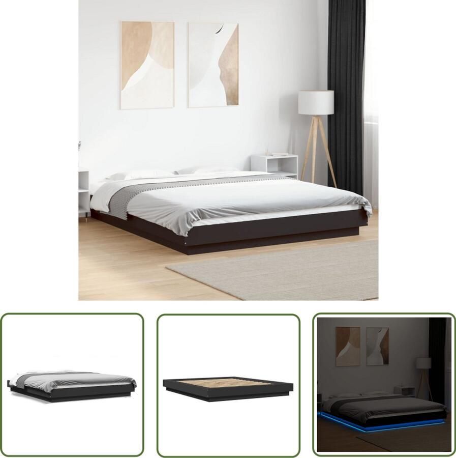 VidaXL Led Lampen Slaapcomfort Bedframe met LED-verlichting bewerkt hout zwart 150x200 cm Houten Bed Frame Zwarte Bedbank Tweepersoons Bed