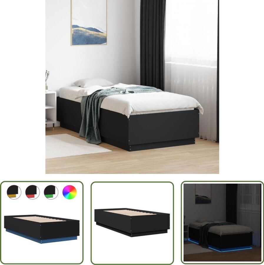 VidaXL Led Lampen Slaapcomfort Bedframe met LED-verlichting bewerkt hout zwart 75x190 cm Houten Bed Frame Zwarte Bedbank Tweepersoons Bed